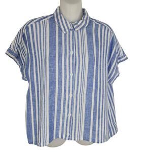 Beach lunch lounge Women Shirt Linen Blend Medium Blue Stripes Button Up Coastal